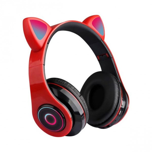 Wholesale Bluetooth Wireless Cute Cat LED Foldable Headphone Headset with Built in Mic for Adults Children Work Home School for Universal Cell Phones, Laptop, Tablet, and More (Red)